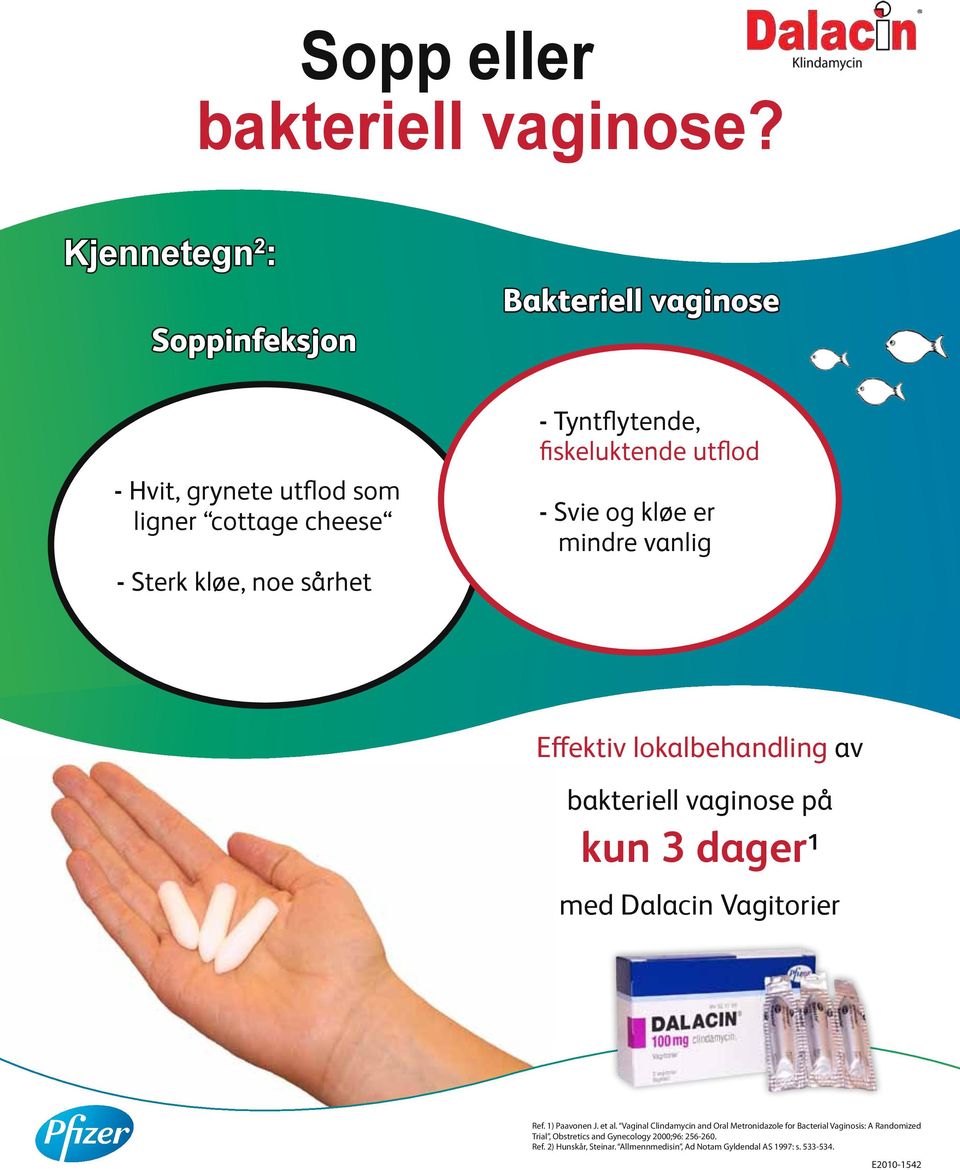 fiskeluktende utflod - Svie og kløe er mindre vanlig Effektiv lokalbehandling av bakteriell vaginose på kun 3 dager 1 med Dalacin Vagitorier