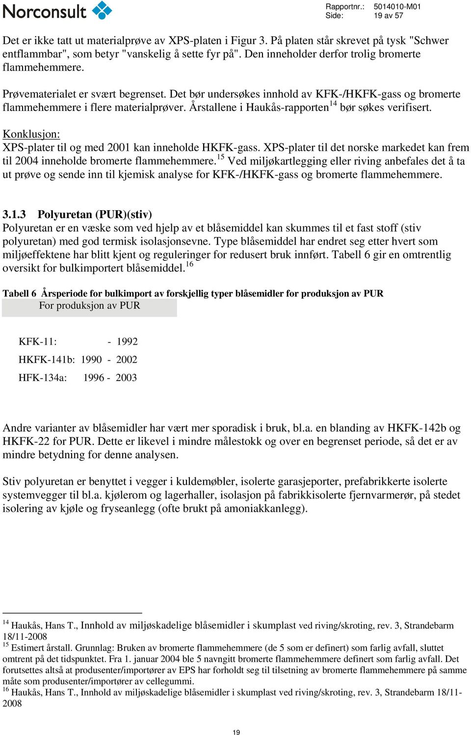 Årstallene i Haukås-rapporten 14 bør søkes verifisert. Konklusjon: XPS-plater til og med 2001 kan inneholde HKFK-gass.