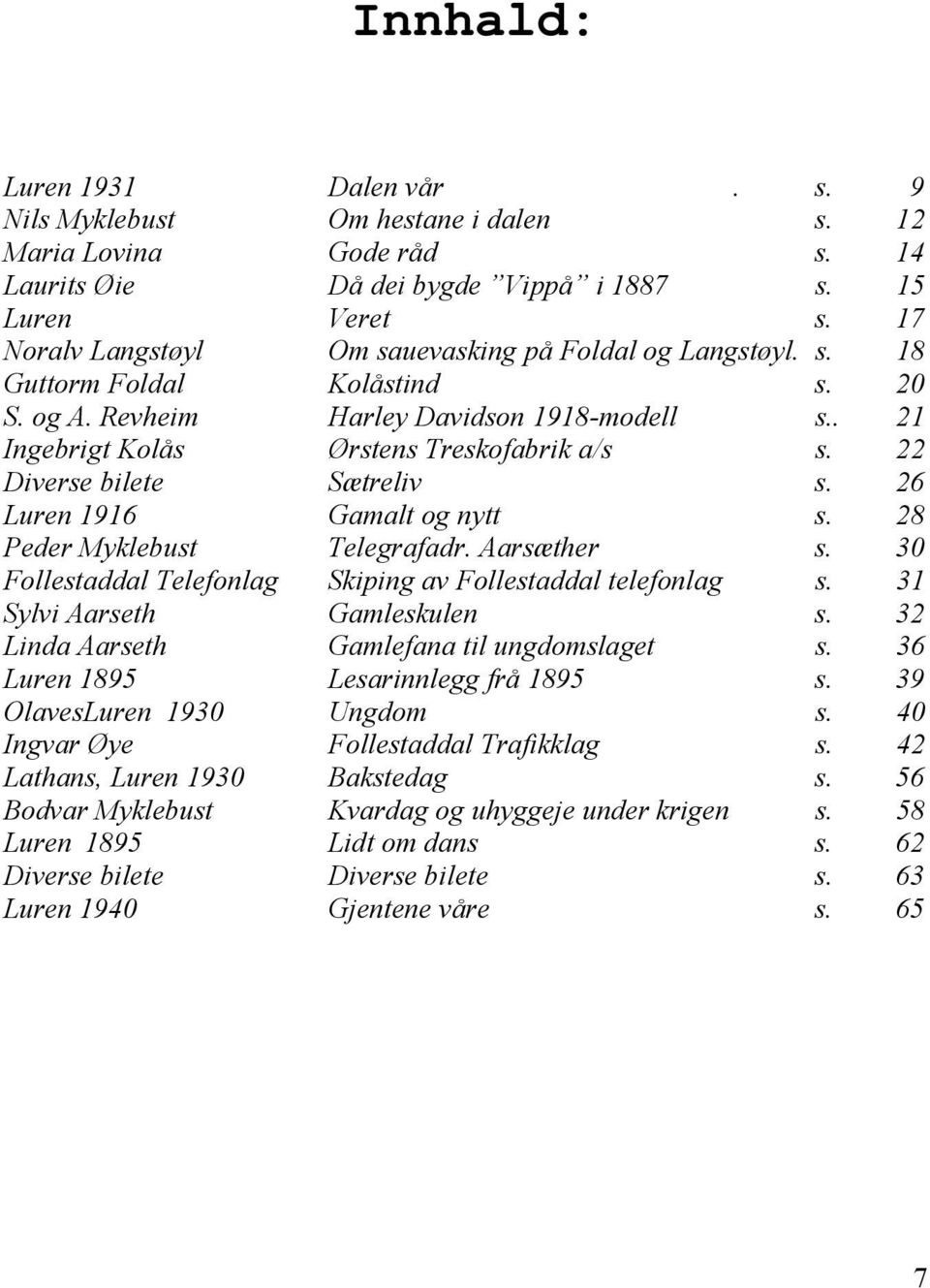 22 Diverse bilete Sætreliv s. 26 Luren 1916 Gamalt og nytt s. 28 Peder Myklebust Telegrafadr. Aarsæther s. 30 Follestaddal Telefonlag Skiping av Follestaddal telefonlag s.