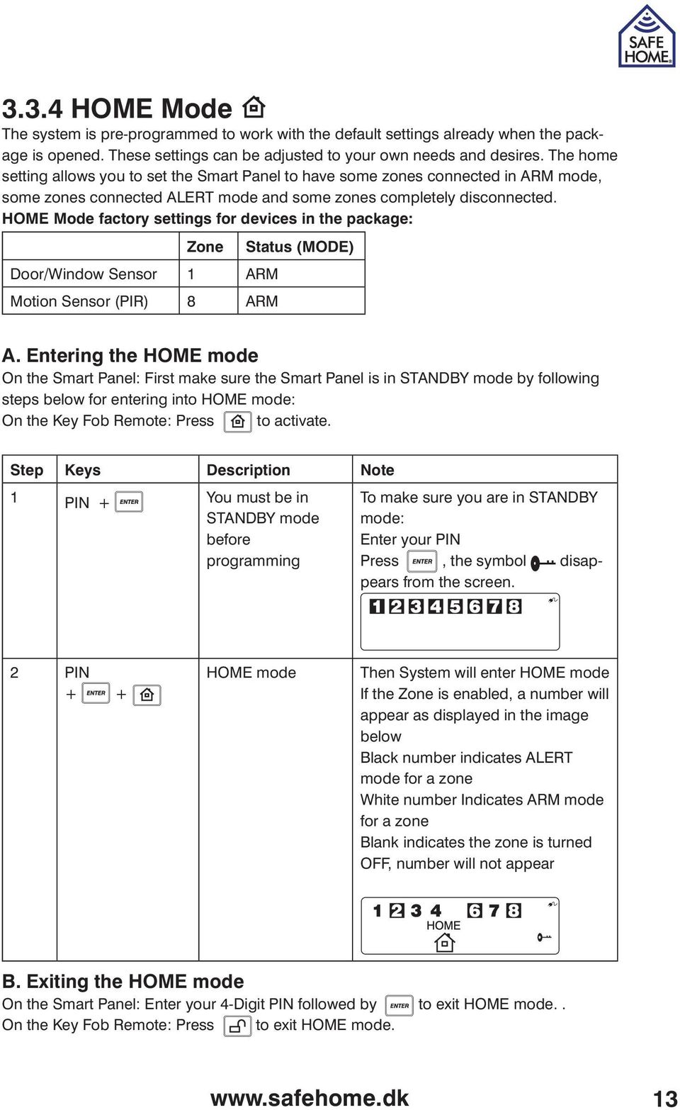 HOME Mode factory settings for devices in the package: Zone Status (MODE) Door/Window Sensor 1 ARM Motion Sensor (PIR) 8 ARM A.