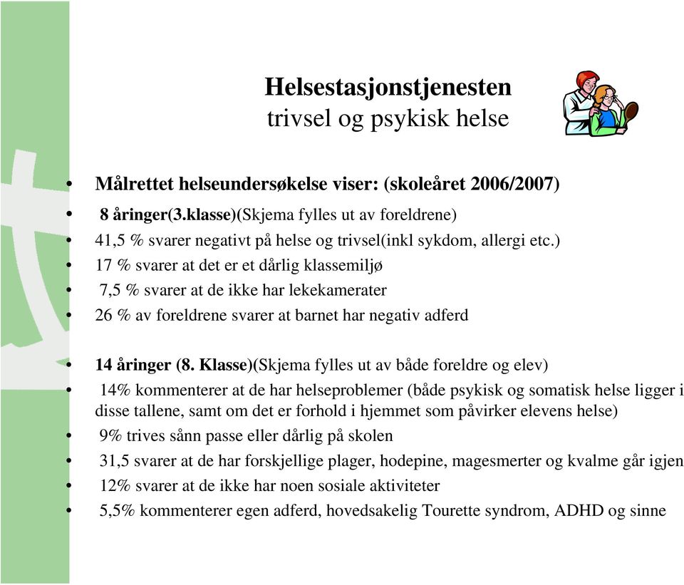 ) 17 % svarer at det er et dårlig klassemiljø 7,5 % svarer at de ikke har lekekamerater 26 % av foreldrene svarer at barnet har negativ adferd 14 åringer (8.