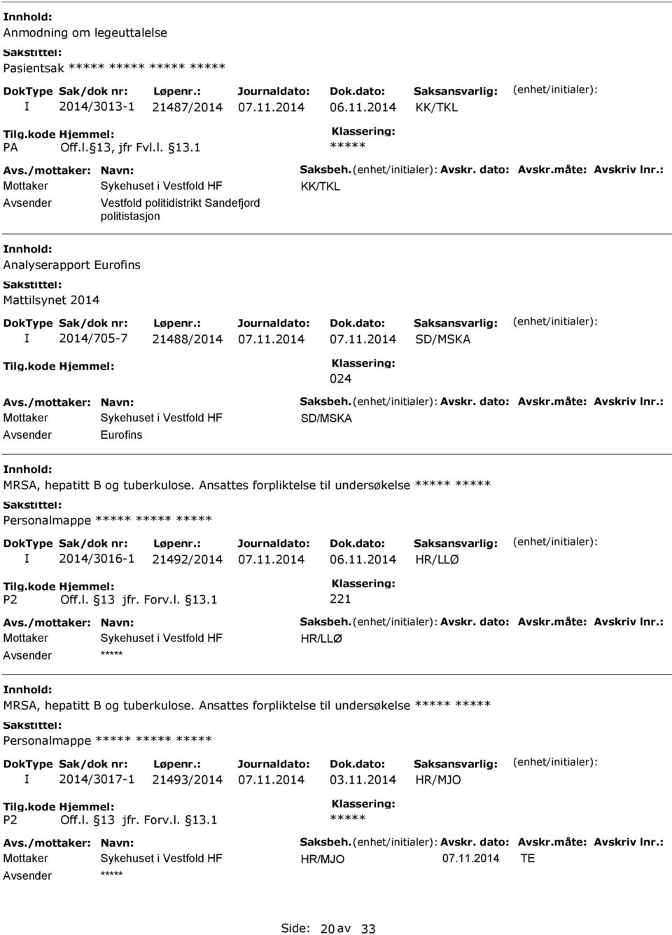 måte: Avskriv lnr.: SD/MSKA Eurofins MRSA, hepatitt B og tuberkulose. Ansattes forpliktelse til undersøkelse 2014/3016-1 21492/2014 06.11.2014 HR/LLØ Avs./mottaker: Navn: Saksbeh.