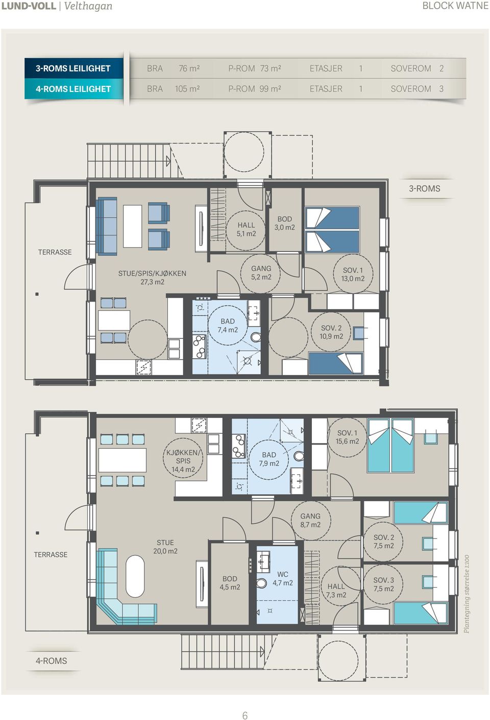 5,2 m2 SOV. 1 13,0 m2 BAD 7,4 m2 SOV. 2 10,9 m2 KJØKKEN/ SPIS 14,4 m2 BAD 7,9 m2 SOV.