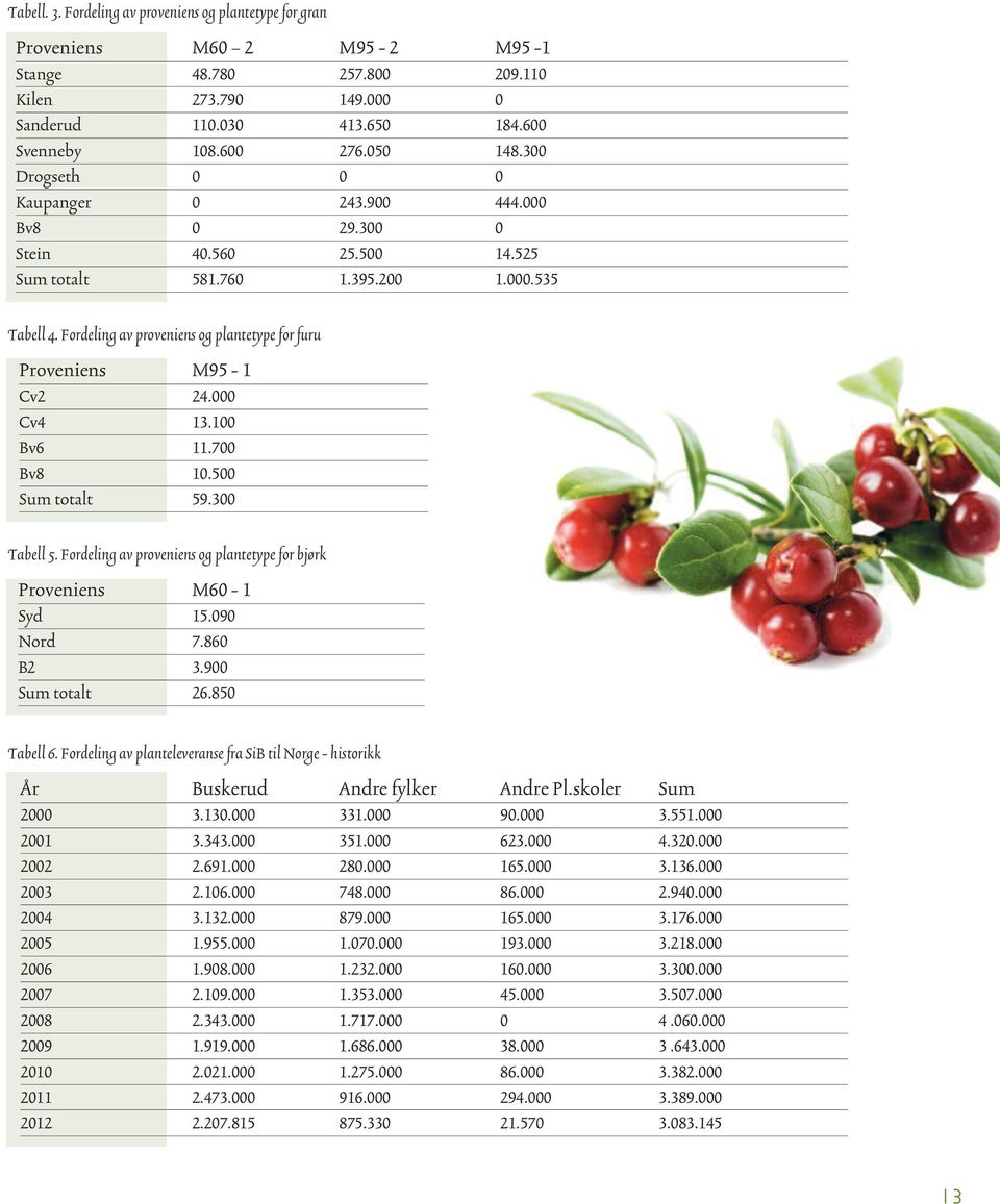 Fordeling av proveniens og plantetype for furu Proveniens M95-1 Cv2 24.000 Cv4 13.100 Bv6 11.700 Bv8 10.500 Sum totalt 59.300 Tabell 5.