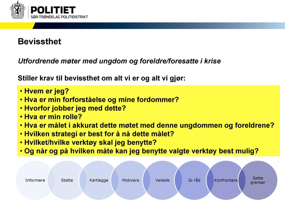 Hva er målet i akkurat dette møtet med denne ungdommen og foreldrene? Hvilken strategi er best for å nå dette målet?