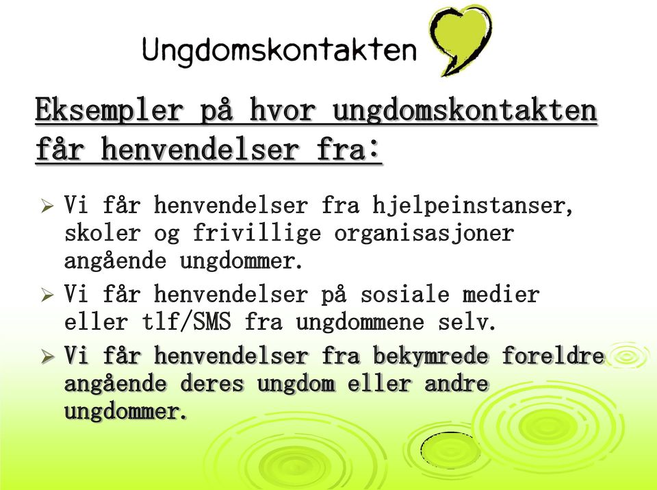 Vi får henvendelser på sosiale medier eller tlf/sms fra ungdommene selv.