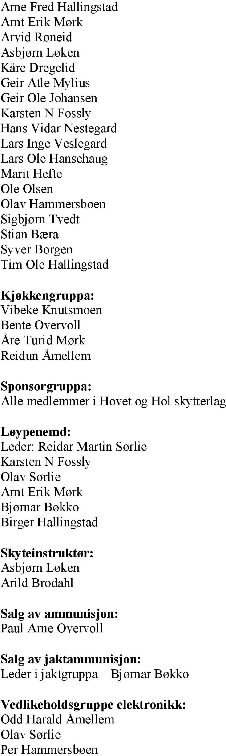 Sponsorgruppa: Alle medlemmer i Hovet og Hol skytterlag Løypenemd: Leder: Reidar Martin Sørlie Karsten N Fossly Olav Sørlie Arnt Erik Mørk Bjørnar Bøkko Birger Hallingstad Skyteinstruktør: