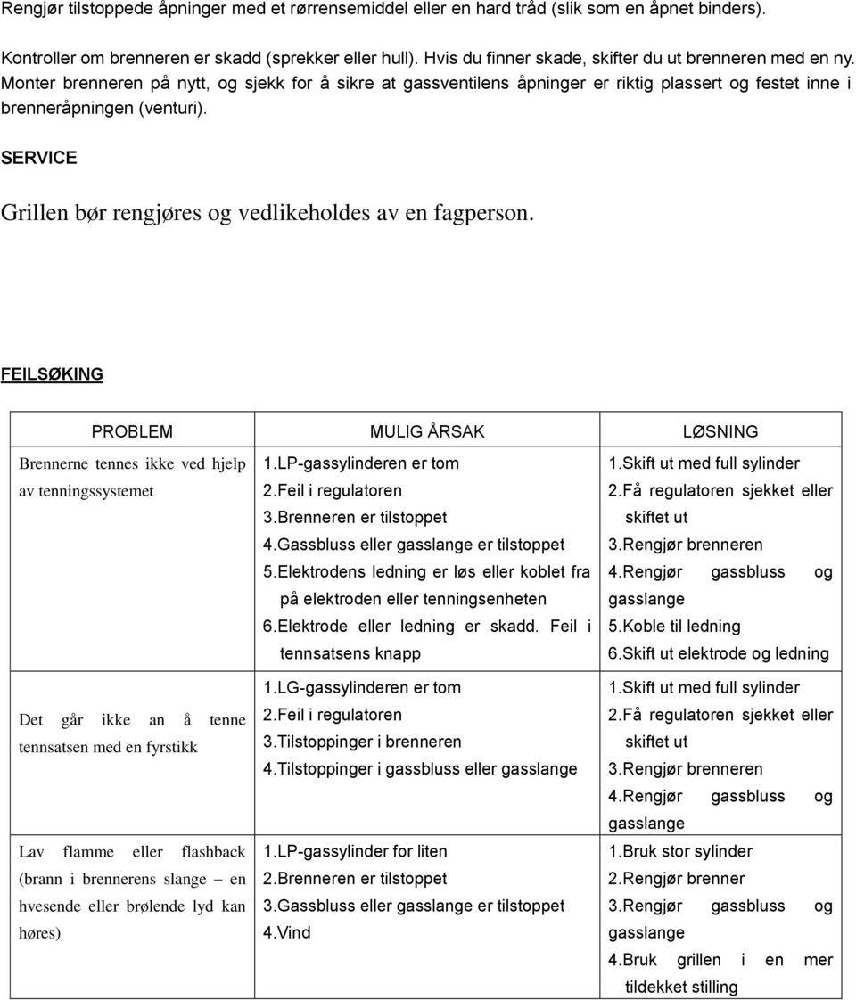 SERVICE Grillen bør rengjøres og vedlikeholdes av en fagperson.