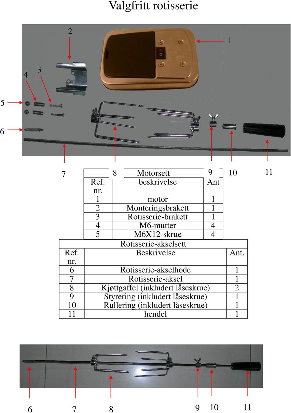 Rotisserie-akselsett Ref. Beskrivelse Ant. nr.