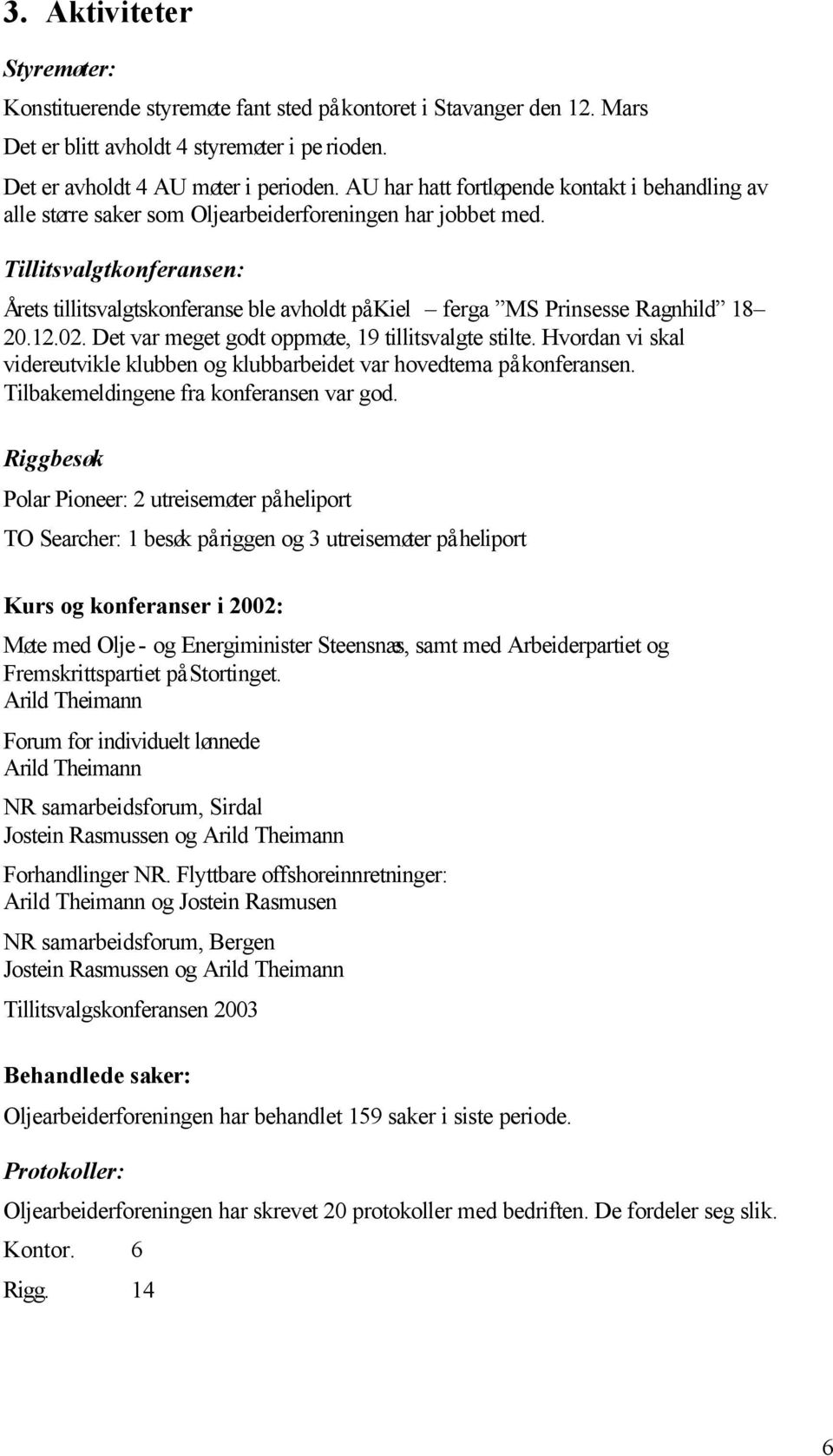 Tillitsvalgtkonferansen: Årets tillitsvalgtskonferanse ble avholdt på Kiel ferga MS Prinsesse Ragnhild 18 20.12.02. Det var meget godt oppmøte, 19 tillitsvalgte stilte.