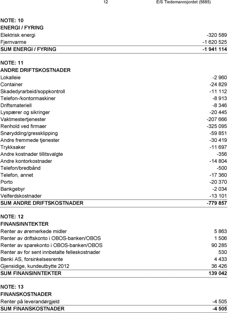 Telefon, annet Porto Bankgebyr Velferdskostnader SUM ANDRE DRIFTSKOSTNADER NOTE: 12 FINANSINNTEKTER Renter av øremerkede midler Renter av driftskonto i OBOS-banken/OBOS Renter av sparekonto i