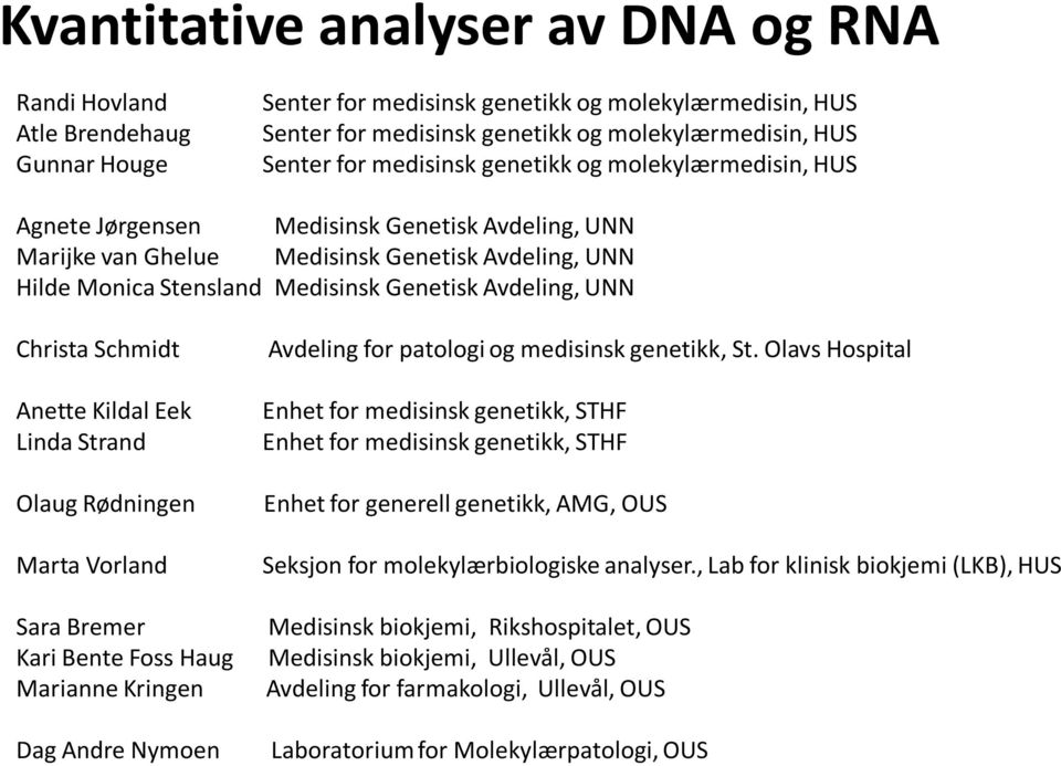 UNN Christa Schmidt Anette Kildal Eek Linda Strand Olaug Rødningen Marta Vorland Sara Bremer Kari Bente Foss Haug Marianne Kringen Dag Andre Nymoen Avdeling for patologi og medisinsk genetikk, St.