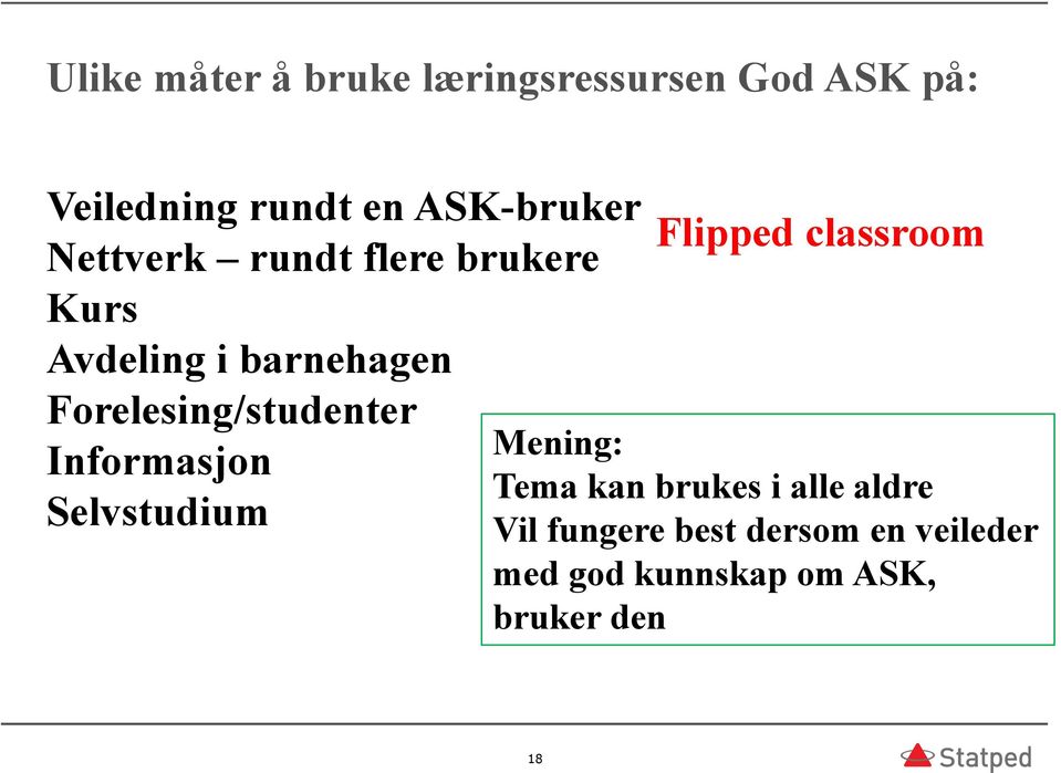 Forelesing/studenter Informasjon Selvstudium Flipped classroom Mening: Tema