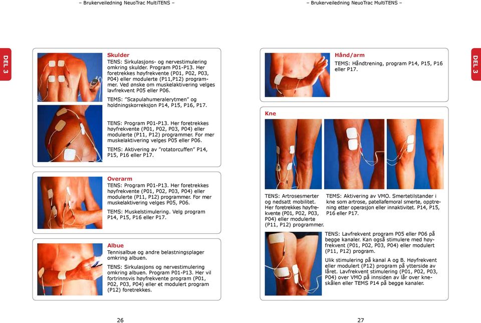 DEL 3 TEMS: Scapulahumeralerytmen og holdnings korreksjon P14, P15, P16, P17. Kne TENS: Program P01-P13. Her foretrekkes høy fre kvente (P01, P02, P03, P04) eller modulerte (P11, P12) programmer.