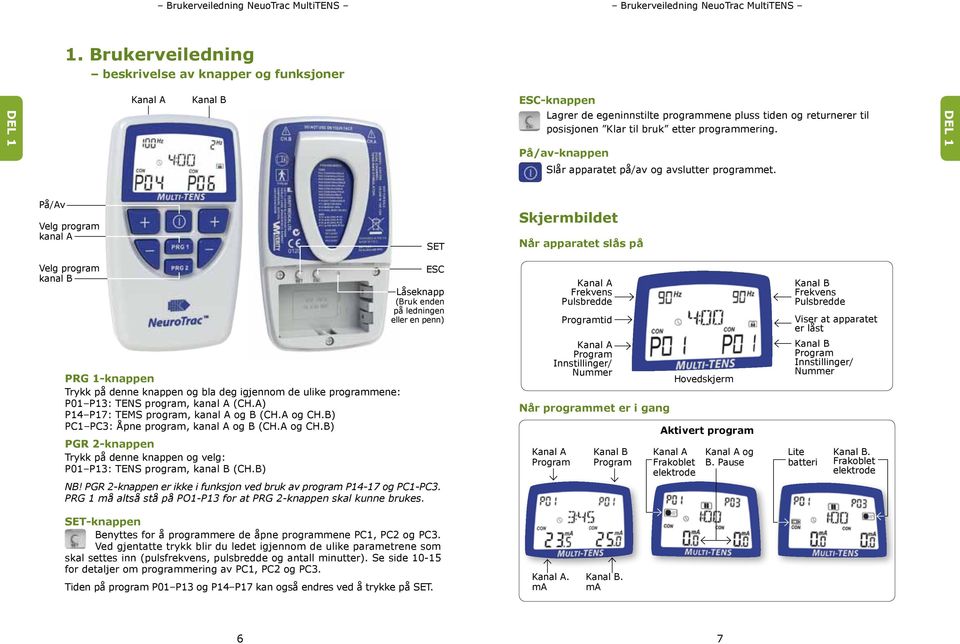 På/Av Velg program kanal A SET Skjermbildet Når apparatet slås på Velg program kanal B PRG 1-knappen Trykk på denne knappen og bla deg igjennom de ulike programmene: P01 P13: TENS program, kanal A