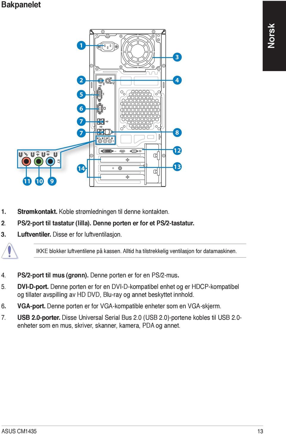 DVI-D-port. Denne porten er for en DVI-D-kompatibel enhet og er HDCP-kompatibel og tillater avspilling av HD DVD, Blu-ray og annet beskyttet innhold. 6. VGA-port.