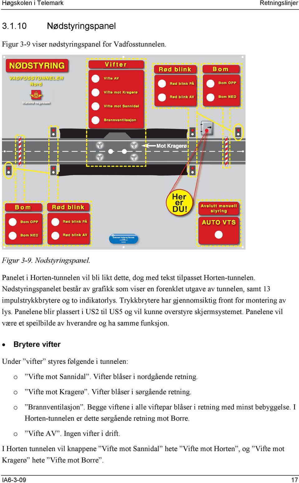 Nødstyringspanelet består av grafikk som viser en forenklet utgave av tunnelen, samt 13 impulstrykkbrytere og to indikatorlys. Trykkbrytere har gjennomsiktig front for montering av lys.