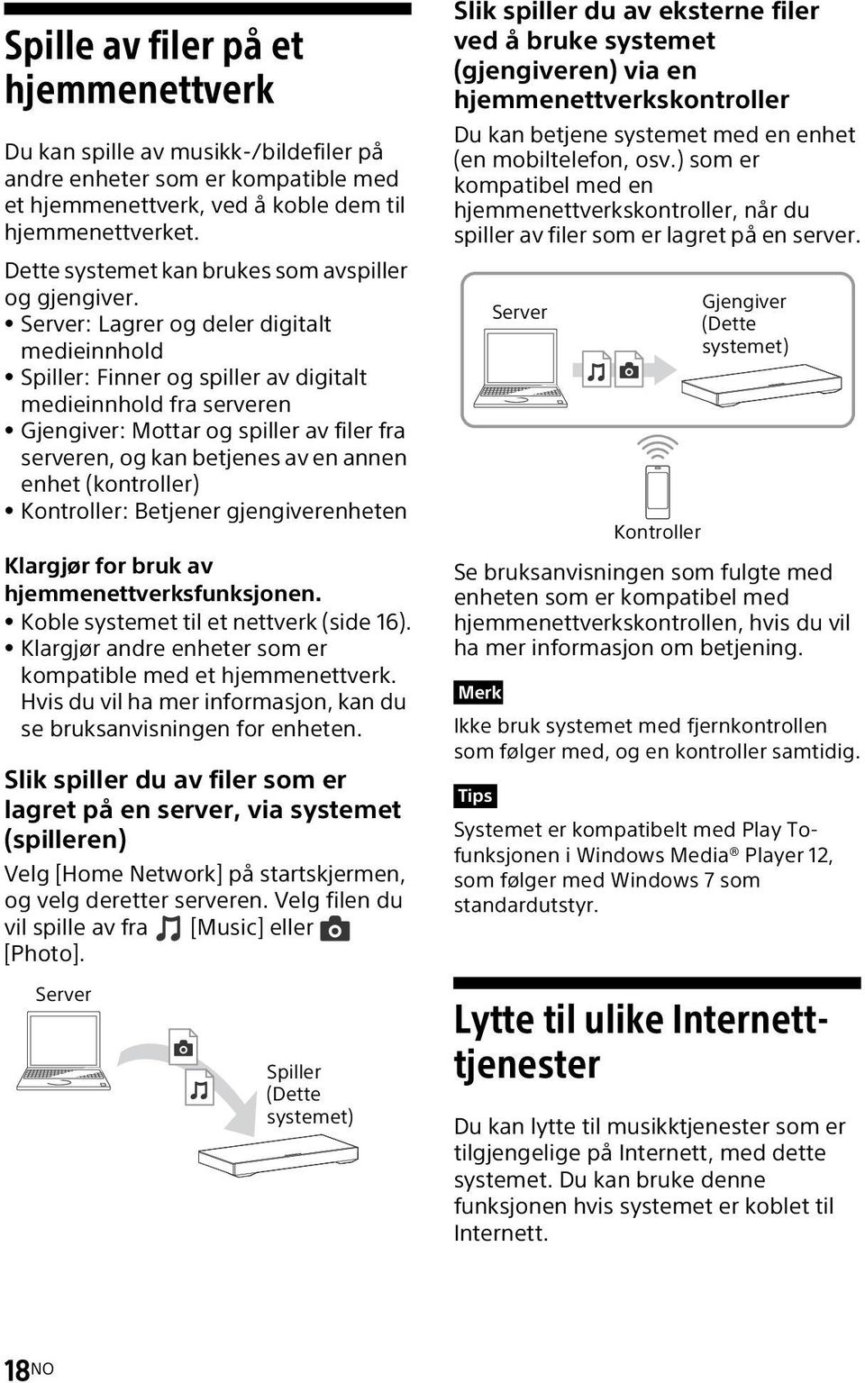 Server: Lagrer og deler digitalt medieinnhold Spiller: Finner og spiller av digitalt medieinnhold fra serveren Gjengiver: Mottar og spiller av filer fra serveren, og kan betjenes av en annen enhet