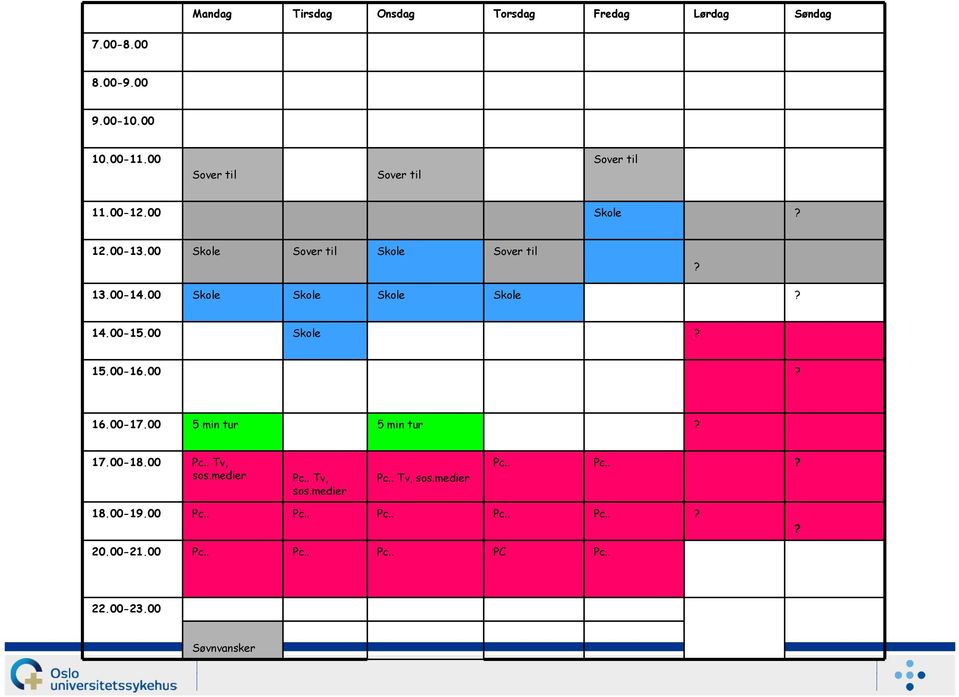 00 Skole Skole Skole Skole? 14.00-15.00 Skole? 15.00-16.00? 16.00-17.00 5 min tur 5 min tur? 17.00-18.00 Pc.. Tv, sos.