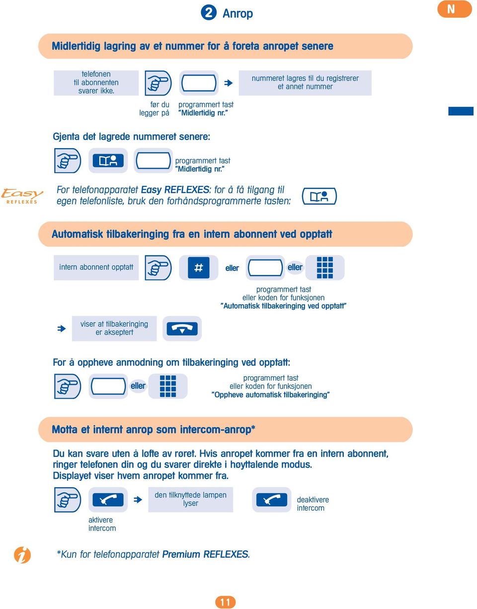 " For telefonapparatet Easy REFLEXES: for å få tilgang til egen telefonliste, bruk den forhåndsprogrammerte tasten: Automatisk tilbakeringing fra en intern abonnent ved opptatt intern abonnent