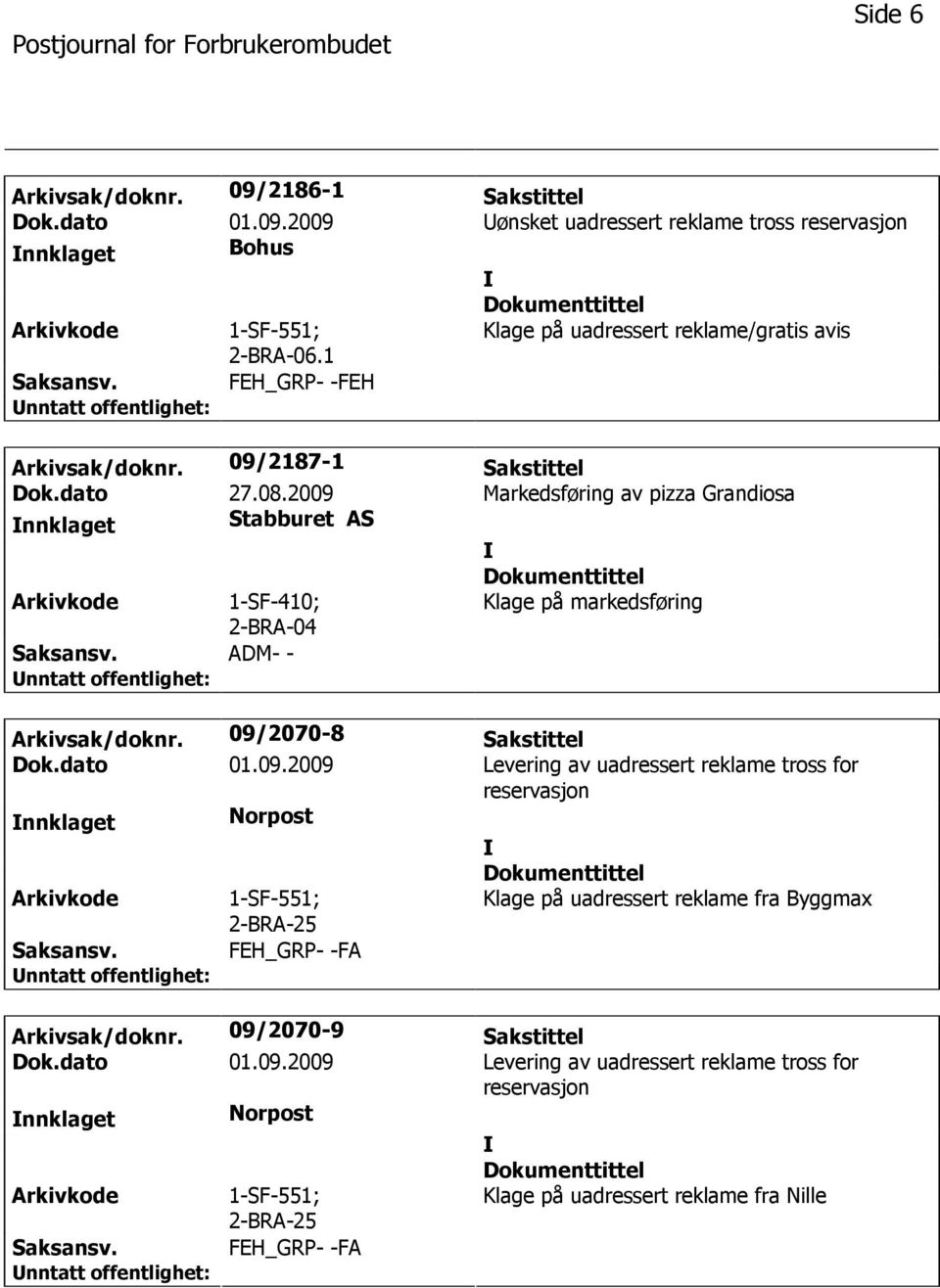 2009 Markedsføring av pizza Grandiosa nnklaget Stabburet AS Arkivkode 1-SF-410; 2-BRA-04 Klage på markedsføring Arkivsak/doknr. 09/2070-8 Sakstittel Dok.dato 01.09.2009 Levering av uadressert reklame tross for nnklaget Norpost Klage på uadressert reklame fra Byggmax Saksansv.