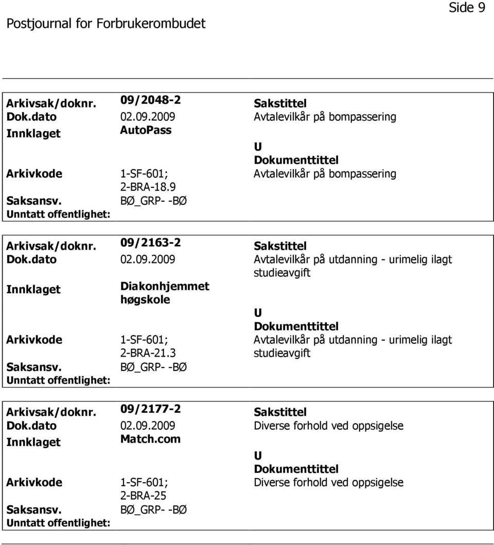 2163-2 Sakstittel Dok.dato 02.09.2009 Avtalevilkår på utdanning - urimelig ilagt studieavgift nnklaget Diakonhjemmet høgskole Arkivkode Saksansv.