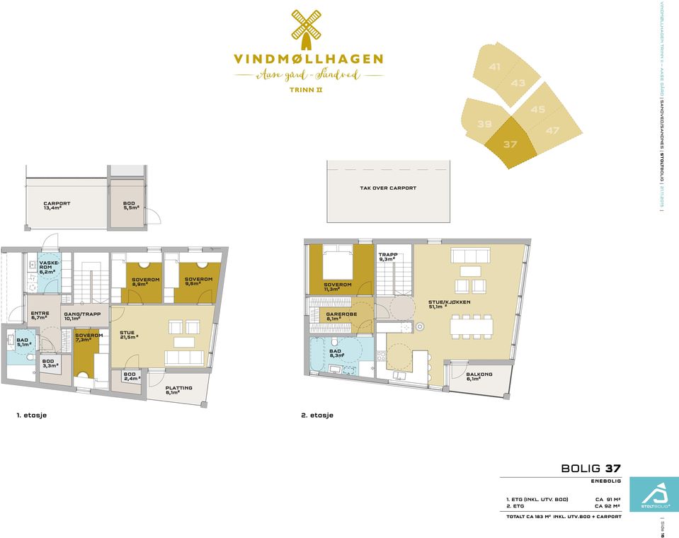 STUE 21,5m² BAD 8,3m² BOD 2,4m ² BALKONG 6,1m² PLATTING 6,1m² 1. etasje 2.