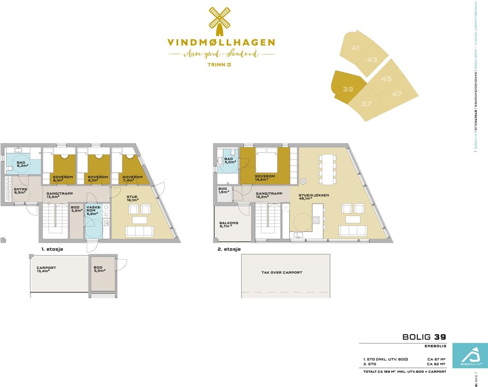 8,7m ² 1. etasje 2. etasje CARPORT 13,4m² BOD 5,5m² TAK OVER CARPORT BOLIG 39 ENEBOLIG 1.