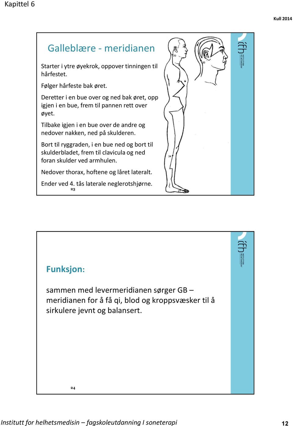 Bort til ryggraden, i en bue ned og bort til skulderbladet, frem til clavicula og ned foran skulder ved armhulen. Nedover thorax, hoftene og låret lateralt.