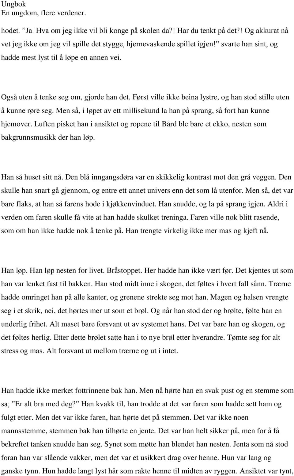 Men så, i løpet av ett millisekund la han på sprang, så fort han kunne hjemover. Luften pisket han i ansiktet og ropene til Bård ble bare et ekko, nesten som bakgrunnsmusikk der han løp.