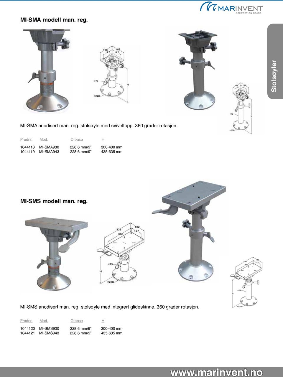 Ø base H 1044118 MI-SMA930 228,6 mm/9 300-400 mm 1044119 MI-SMA943 228,6 mm/9 435-635 mm MI-SMS modell