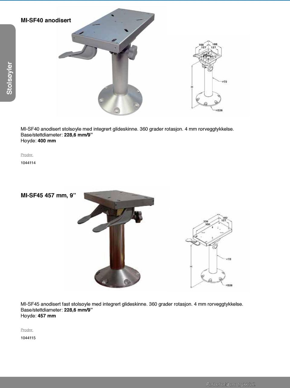 Base/stettdiameter: 228,6 mm/9 Høyde: 400 mm 1044114 MI-SF45 457 mm, 9 MI-SF45 anodisert fast