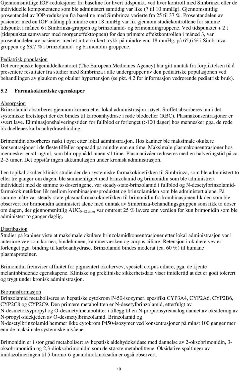 Prosentandelen av pasienter med en IOP-måling på mindre enn 18 mmhg var lik gjennom studiekontrollene for samme tidspunkt i måned 6 i Simbrinza-gruppen og brinzolamid- og brimonidingruppene.