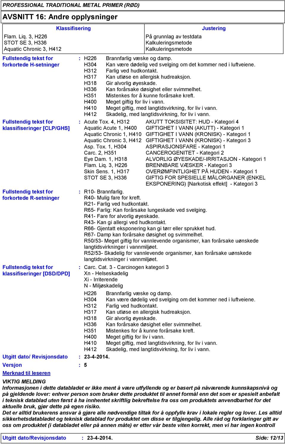 tekst for klassifiseringer [DSD/DPD] Utgitt dato/ Revisjonsdato Versjon Merknad til leseren Klassifisering R10- Brannfarlig. R40- Mulig fare for kreft. R21- Farlig ved hudkontakt.