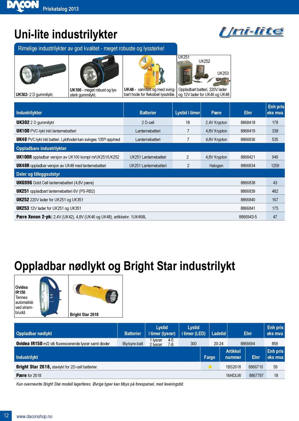 Oppladbart batteri, 220V lader og 12V lader for UK46 og UK48 Enh pris Industrilykter Batterier Lystid i timer Pære Elnr eks mva UK302 2 D gummilykt 2 D-cell 18 2,4V Krypton 8868418 178 UK100 PVC-lykt