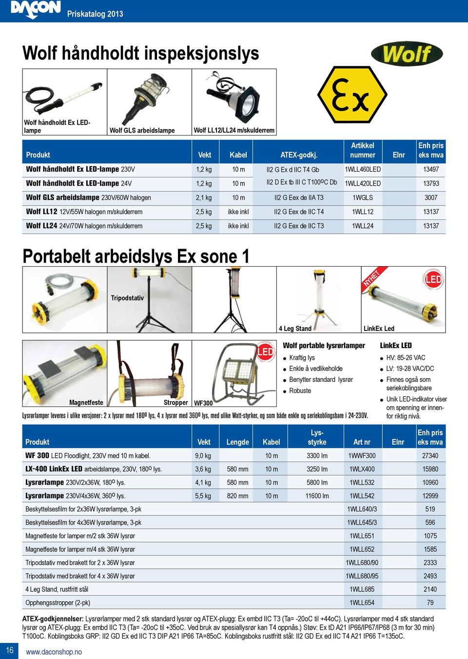 arbeidslampe 230V/60W halogen 2,1 kg 10 m II2 G Eex de IIA T3 1WGLS 3007 Wolf LL12 12V/55W halogen m/skulderrem 2,5 kg ikke inkl II2 G Eex de IIC T4 1WLL12 13137 Wolf LL24 24V/70W halogen