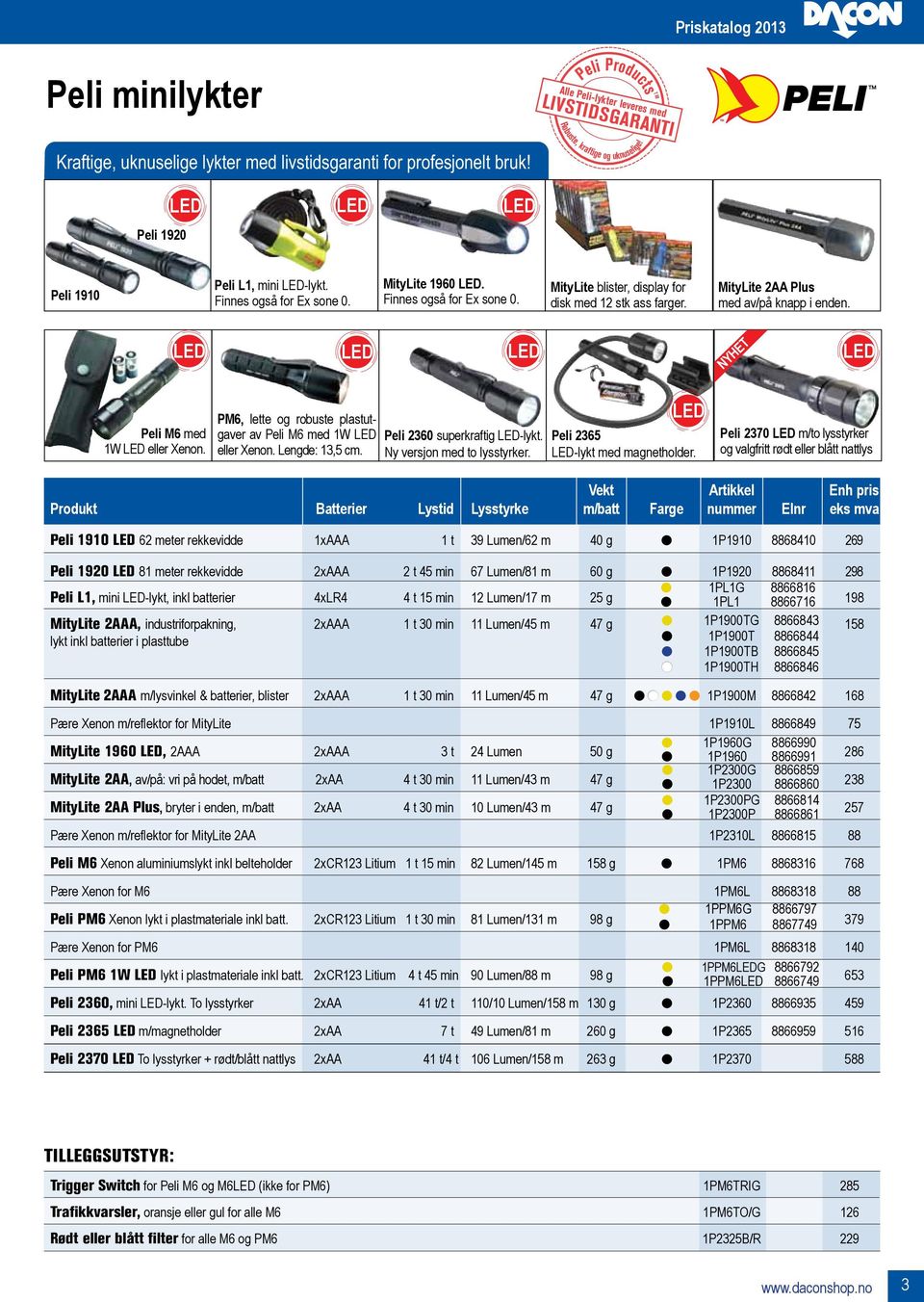 MityLite 2AA Plus med av/på knapp i enden. Peli M6 med 1W eller Xenon. PM6, lette og robuste plastutgaver av Peli M6 med 1W eller Xenon. Lengde: 13,5 cm. Peli 2360 superkraftig -lykt.