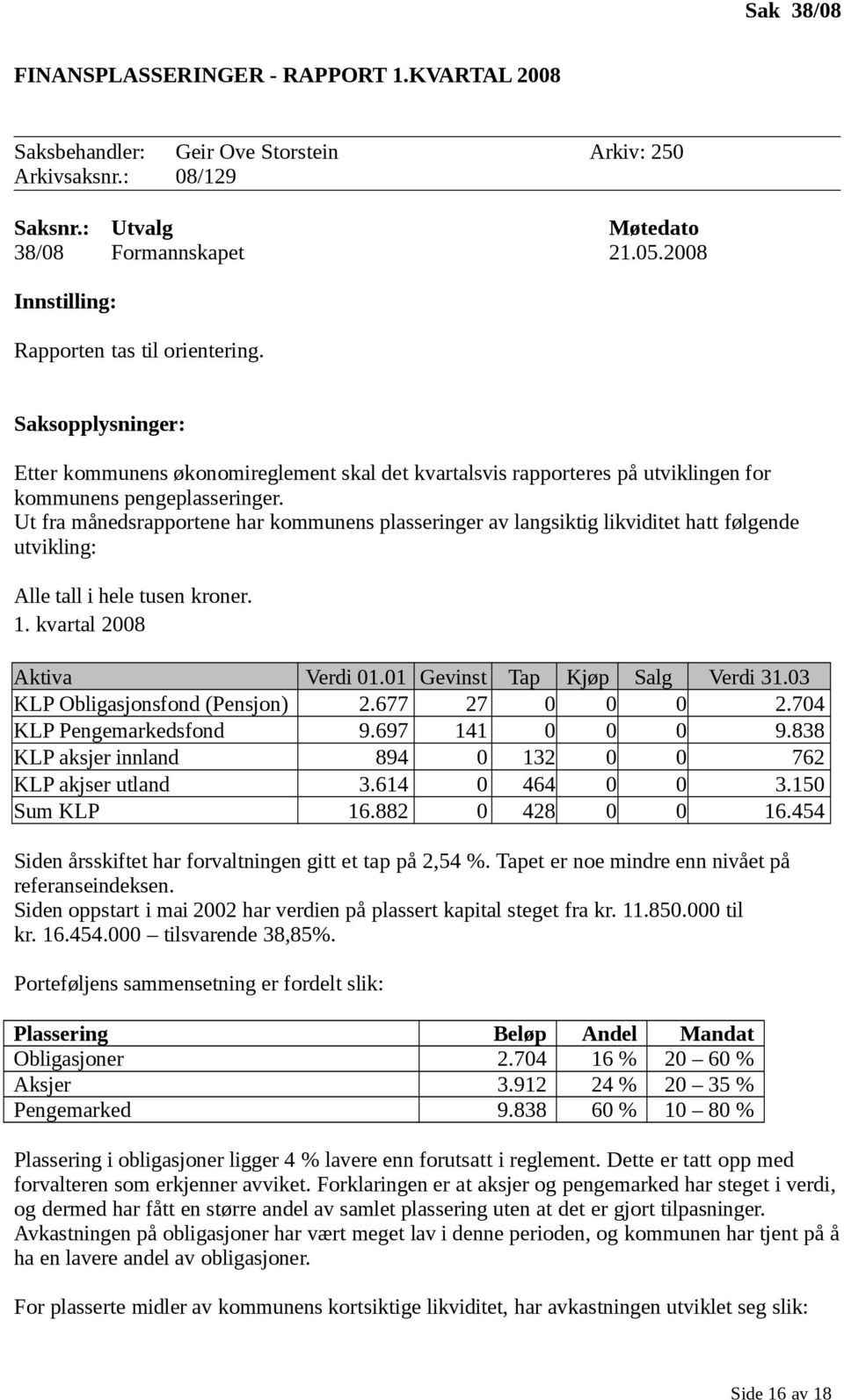 Ut fra månedsrapportene har kommunens plasseringer av langsiktig likviditet hatt følgende utvikling: Alle tall i hele tusen kroner. 1. kvartal 2008 Aktiva Verdi 01.01 Gevinst Tap Kjøp Salg Verdi 31.