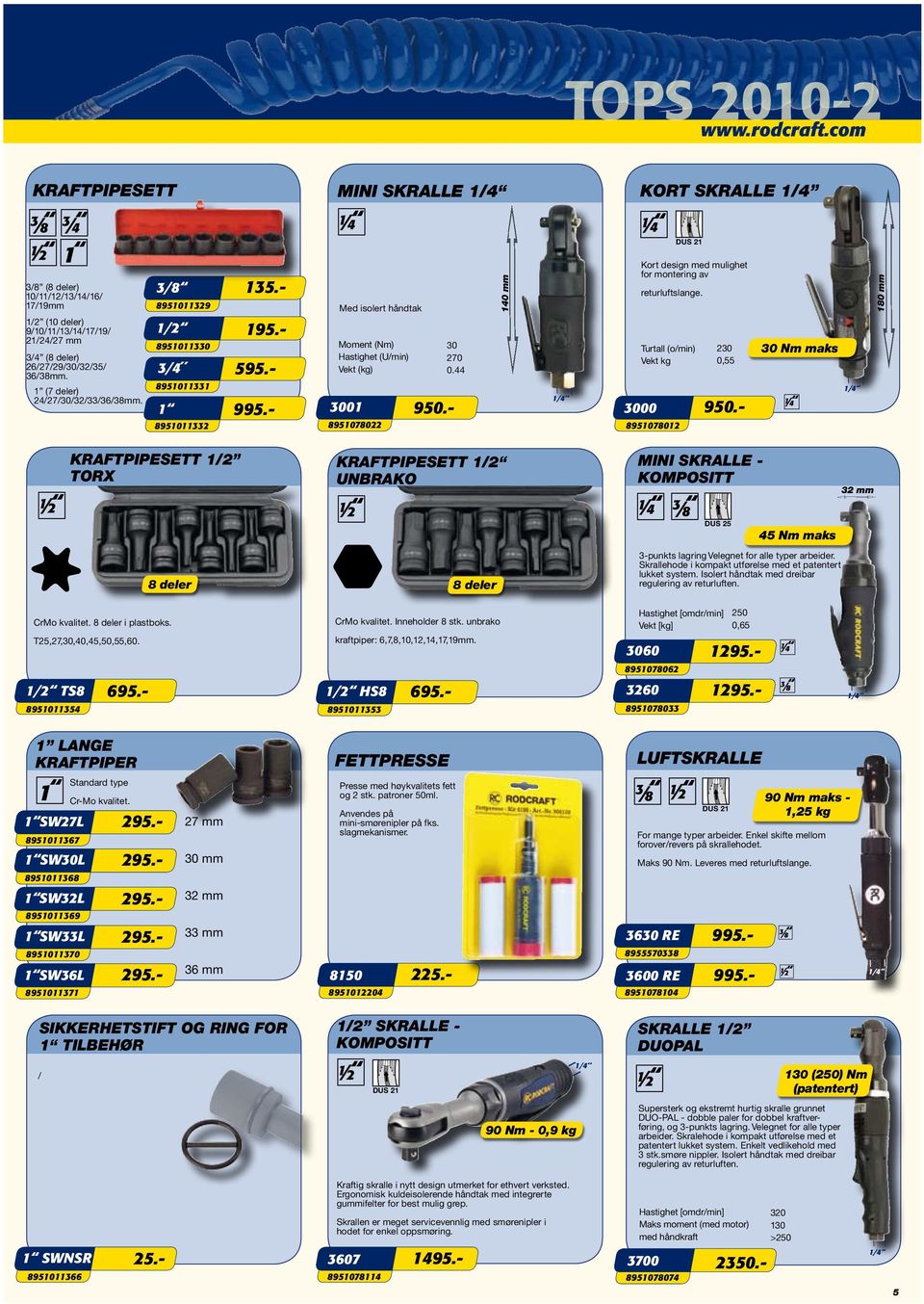 44 140 mm KORT SKRALLE 1/4 1/4 DUS 21 Kort design med mulighet for montering av returluftslange. Turtall (o/min) Vekt kg 000 8951078012 20 0,55 950.