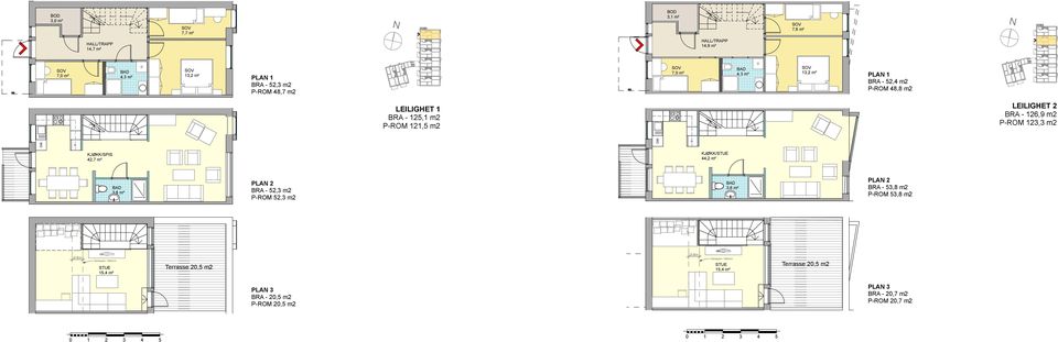 126,9 m2 P-ROM 123,3 m2 D D KJØKK/SPIS 42,7 m² KJØKK/ 44,2 m² PLA 2 BRA - 52,3 m2 P-ROM 52,3 m2 PLA 2 BRA - 53,8 m2