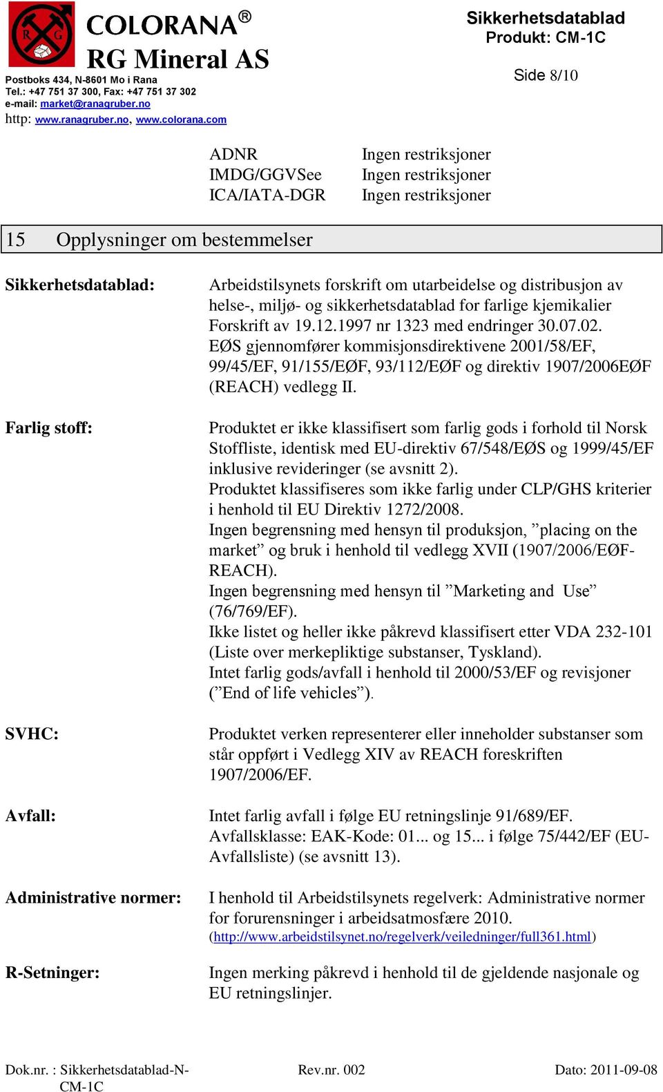 EØS gjennomfører kommisjonsdirektivene 2001/58/EF, 99/45/EF, 91/155/EØF, 93/112/EØF og direktiv 1907/2006EØF (REACH) vedlegg II.