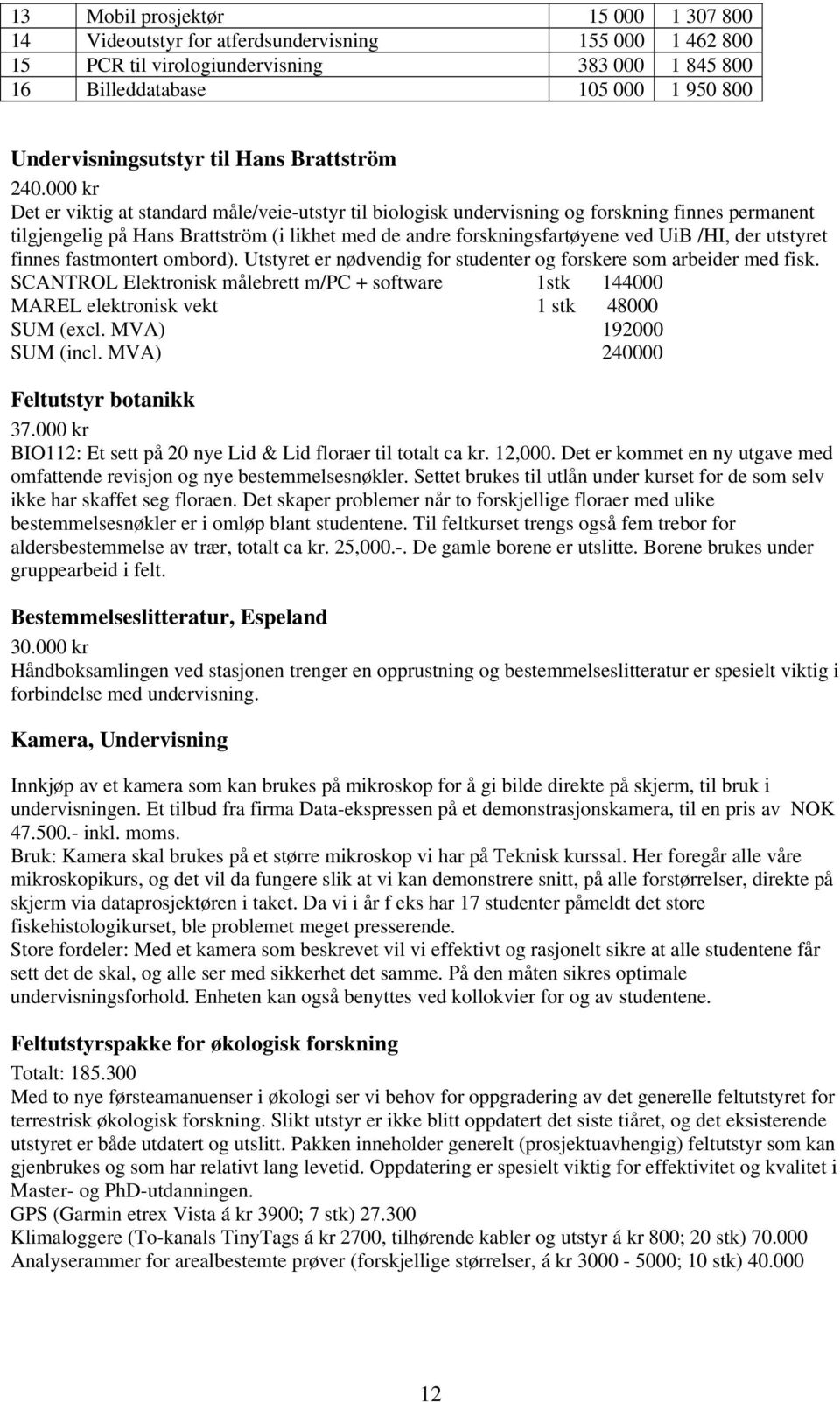 000 kr Det er viktig at standard måle/veie-utstyr til biologisk undervisning og forskning finnes permanent tilgjengelig på Hans Brattström (i likhet med de andre forskningsfartøyene ved UiB /HI, der