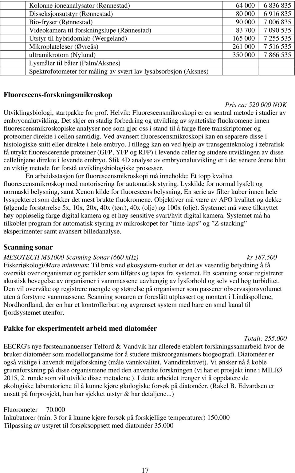 av svært lav lysabsorbsjon (Aksnes) Fluorescens-forskningsmikroskop Pris ca: 520 000 NOK Utviklingsbiologi, startpakke for prof.