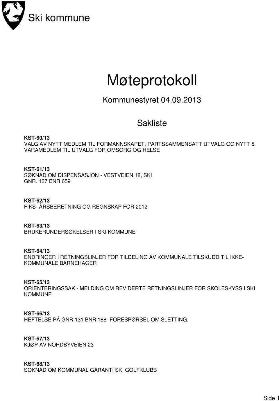 137 BNR 659 KST-62/13 FIKS- ÅRSBERETNING OG REGNSKAP FOR 2012 KST-63/13 BRUKERUNDERSØKELSER I SKI KOMMUNE KST-64/13 ENDRINGER I RETNINGSLINJER FOR TILDELING AV KOMMUNALE