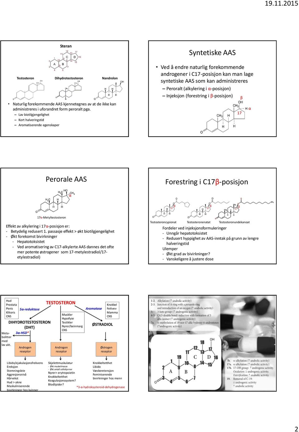 Peroralt (alkylering i α-posisjon) Injeksjon (forestring i β-posisjon) β 17 α Perorale AAS α Forestring i C17β-posisjon 17 β 17 β 17 β 17α-Metyltestosteron Effekt av alkylering i 17α-posisjon er: -