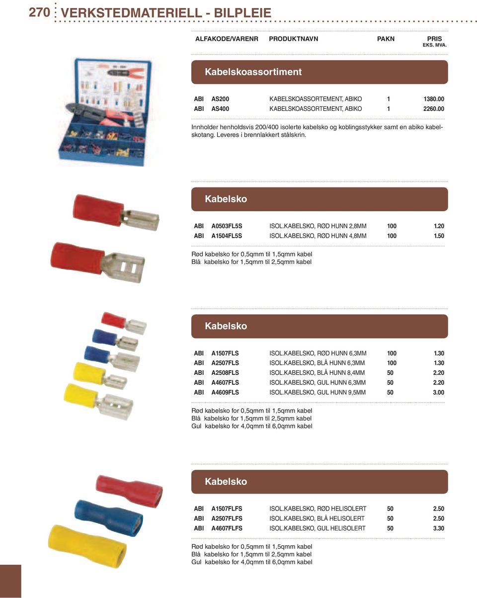 20 ABI A1504FL5S ISOL.KABELSKO, RØD HUNN 4,8MM 100 1.50 Rød kabelsko for 0,5qmm til 1,5qmm kabel Blå kabelsko for 1,5qmm til 2,5qmm kabel Kabelsko ABI A1507FLS ISOL.KABELSKO, RØD HUNN 6,3MM 100 1.