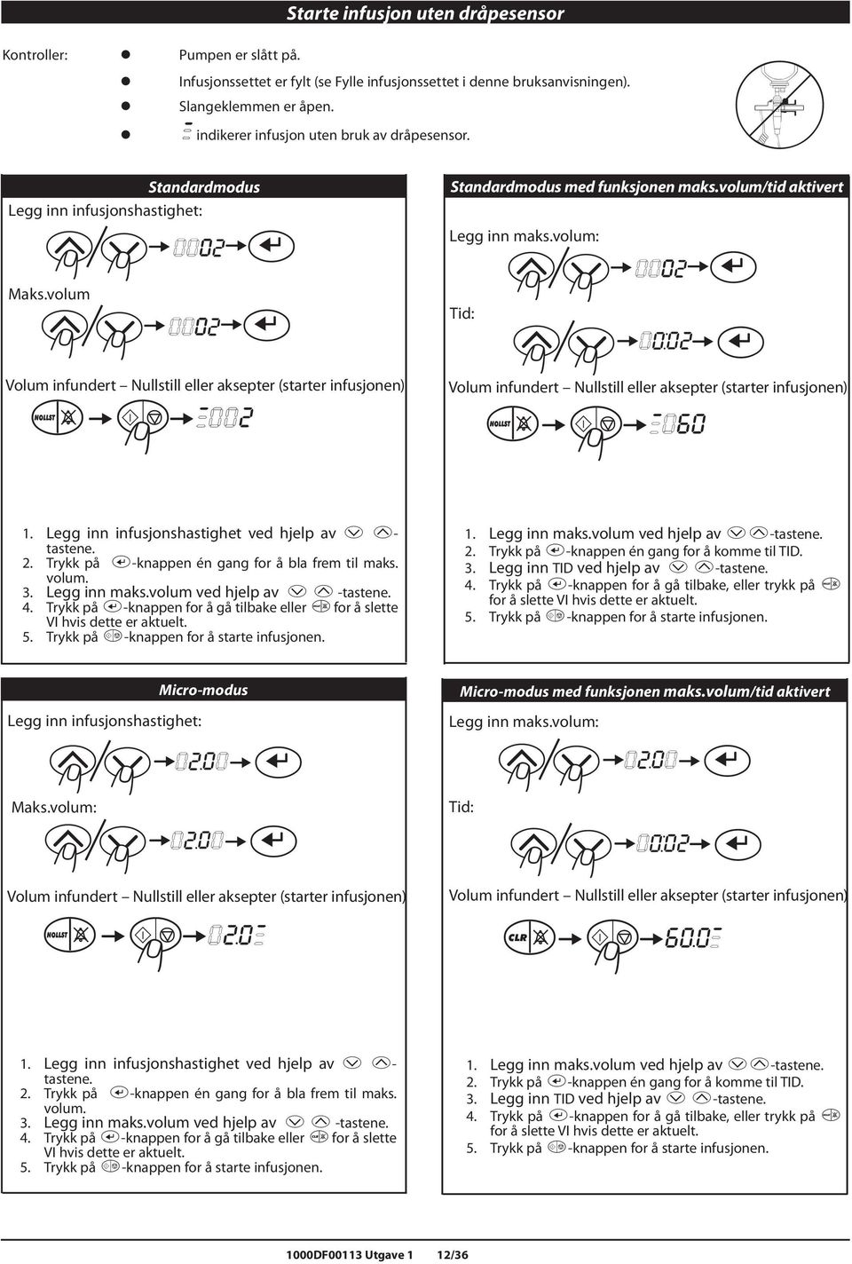 volum Volum infundert Nullstill eller aksepter (starter infusjonen) 7 Standardmodus med funksjonen maks.volum/tid aktivert Legg inn maks.