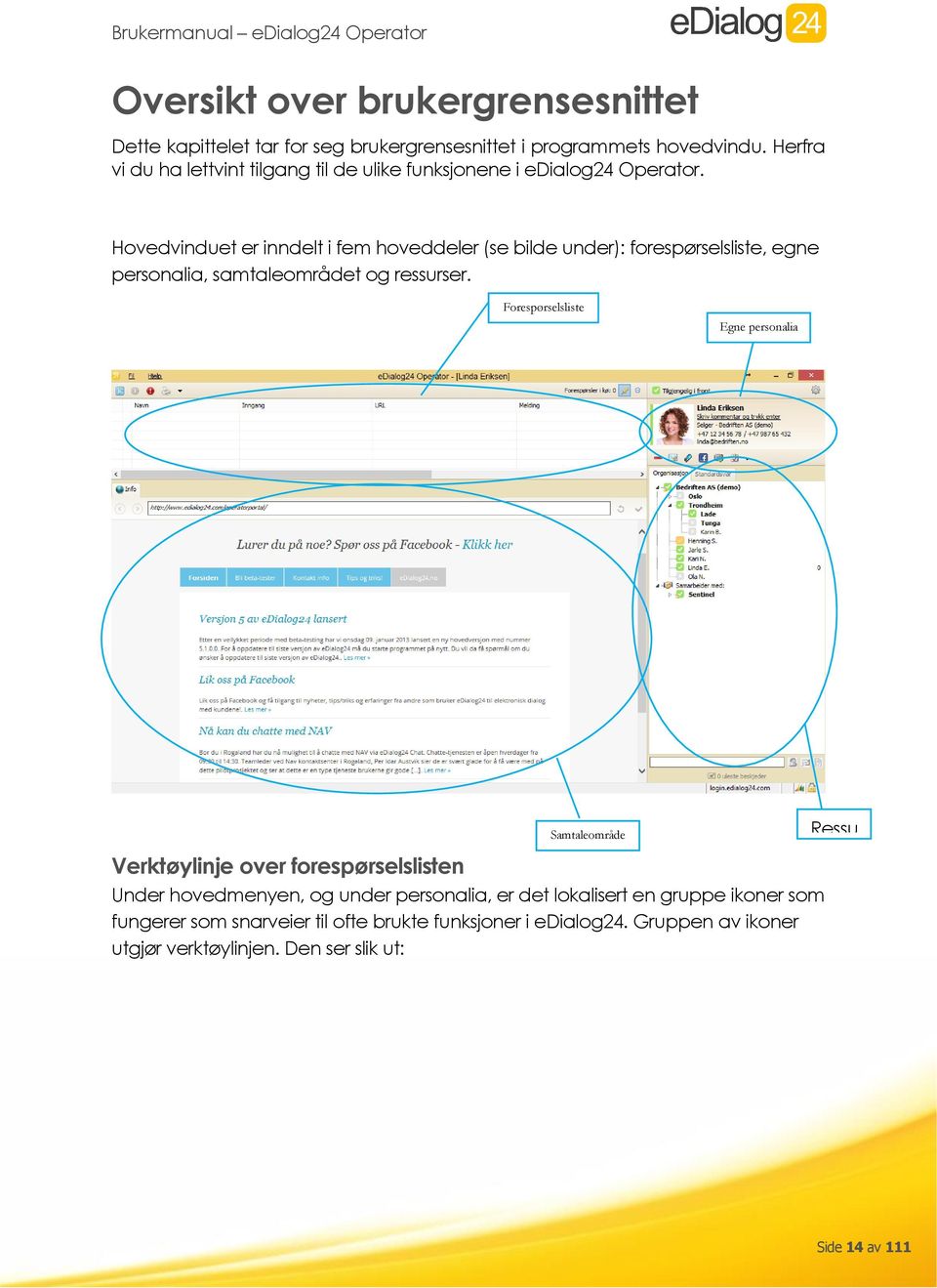 Hovedvinduet er inndelt i fem hoveddeler (se bilde under): forespørselsliste, egne personalia, samtaleområdet og ressurser.