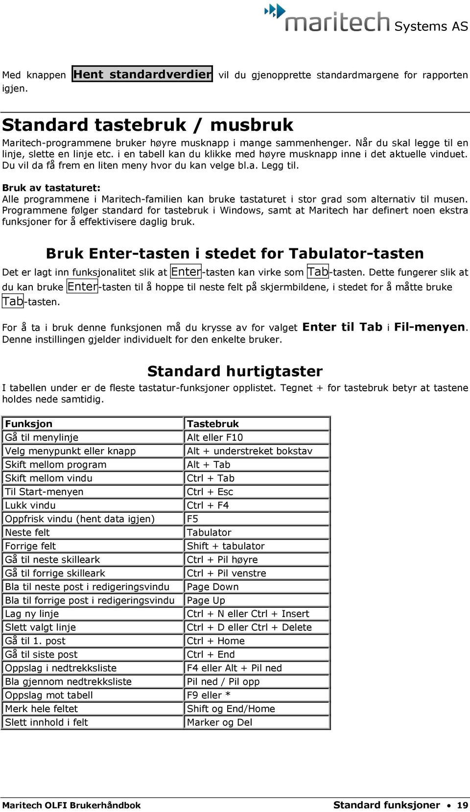 Bruk av tastaturet: Alle programmene i Maritech-familien kan bruke tastaturet i stor grad som alternativ til musen.