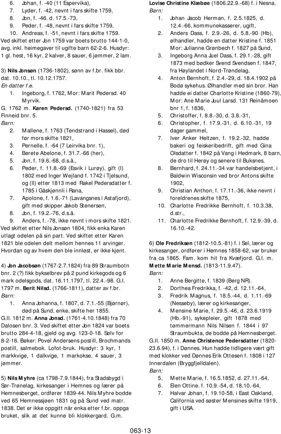 3) Nils Jonsøn (1736-1802), sønn av f.br. fikk bbr. dat. 10.10., tl. 10.12.1757. En datter f.e. 1. Ingeborg, f. 1762, Mor: Marit Pedersd. 40 Myrvik. G. 1762 m. Karen Pedersd.